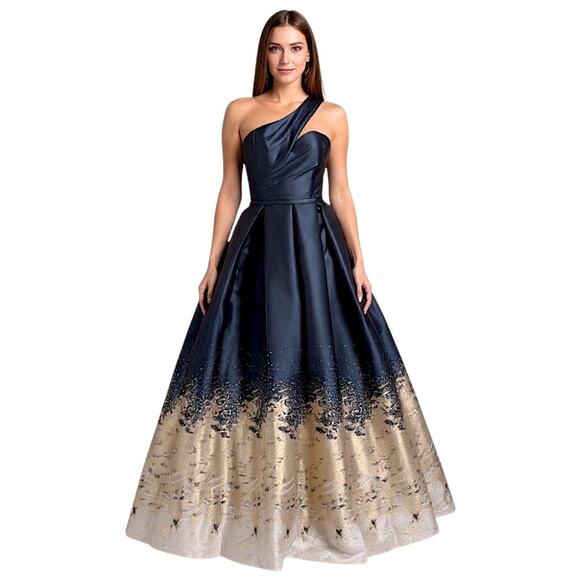 Terani Couture One Shoulder Long Ball Gown Navy Gold 1912E9180 Size 4 - Picture 1 of 12